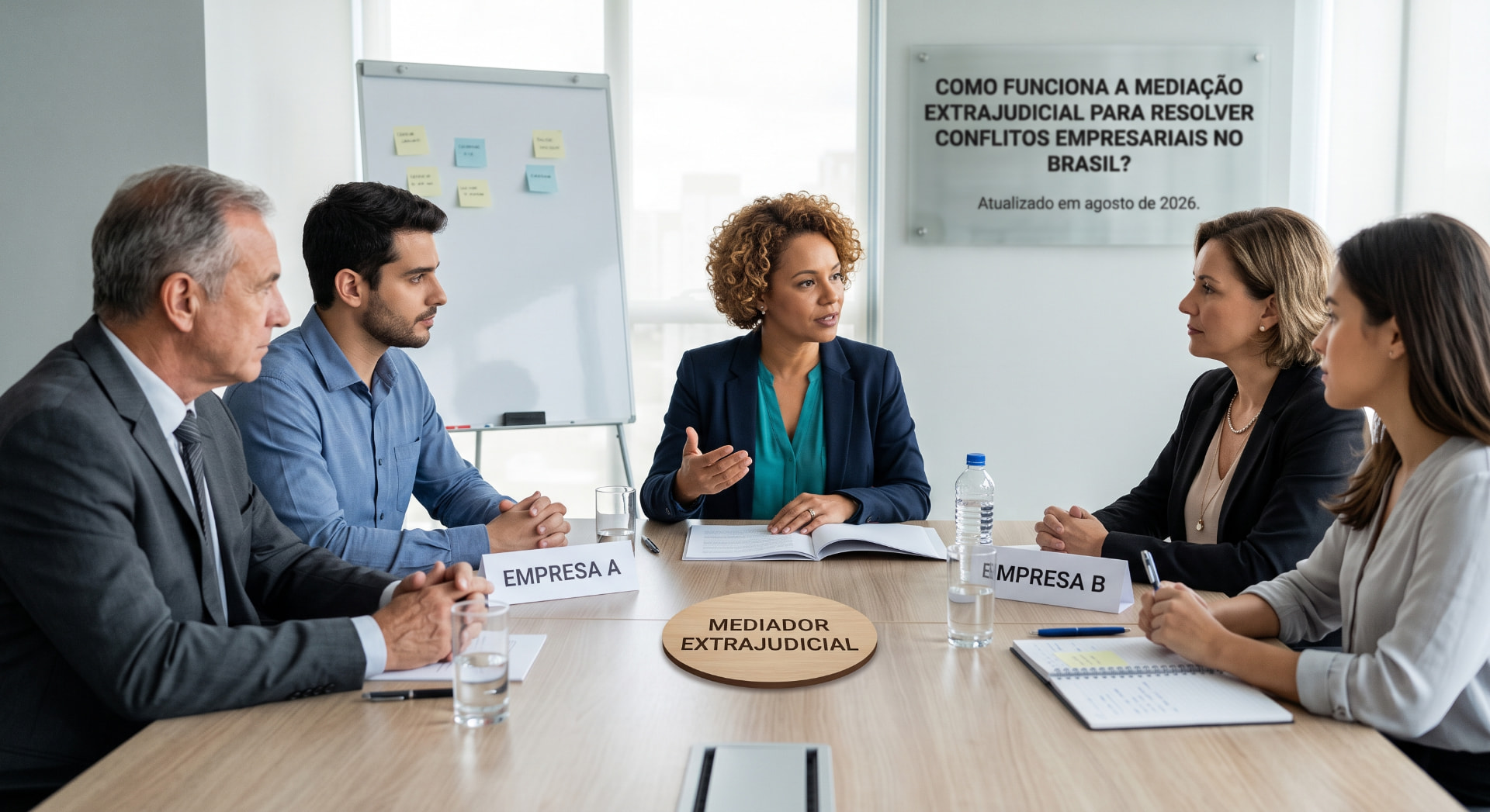 Reunião de mediação extrajudicial empresarial com representantes da Empresa A e da Empresa B e mediador imparcial na mesa