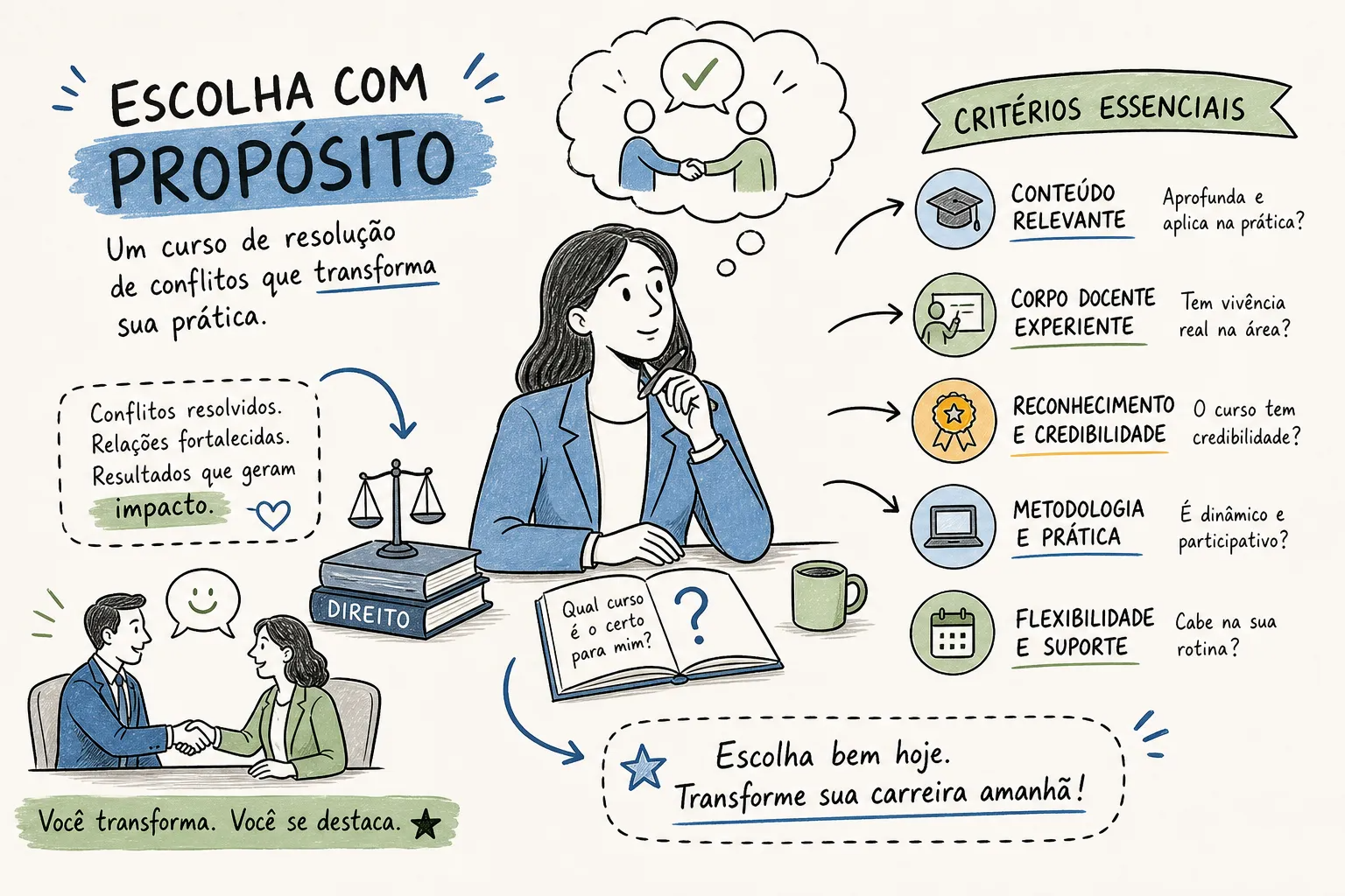 Infográfico sobre como escolher um curso de resolução de conflitos, destacando critérios como propósito, conteúdo relevante, corpo docente experiente, reconhecimento e credibilidade, metodologia e prática, flexibilidade e suporte.