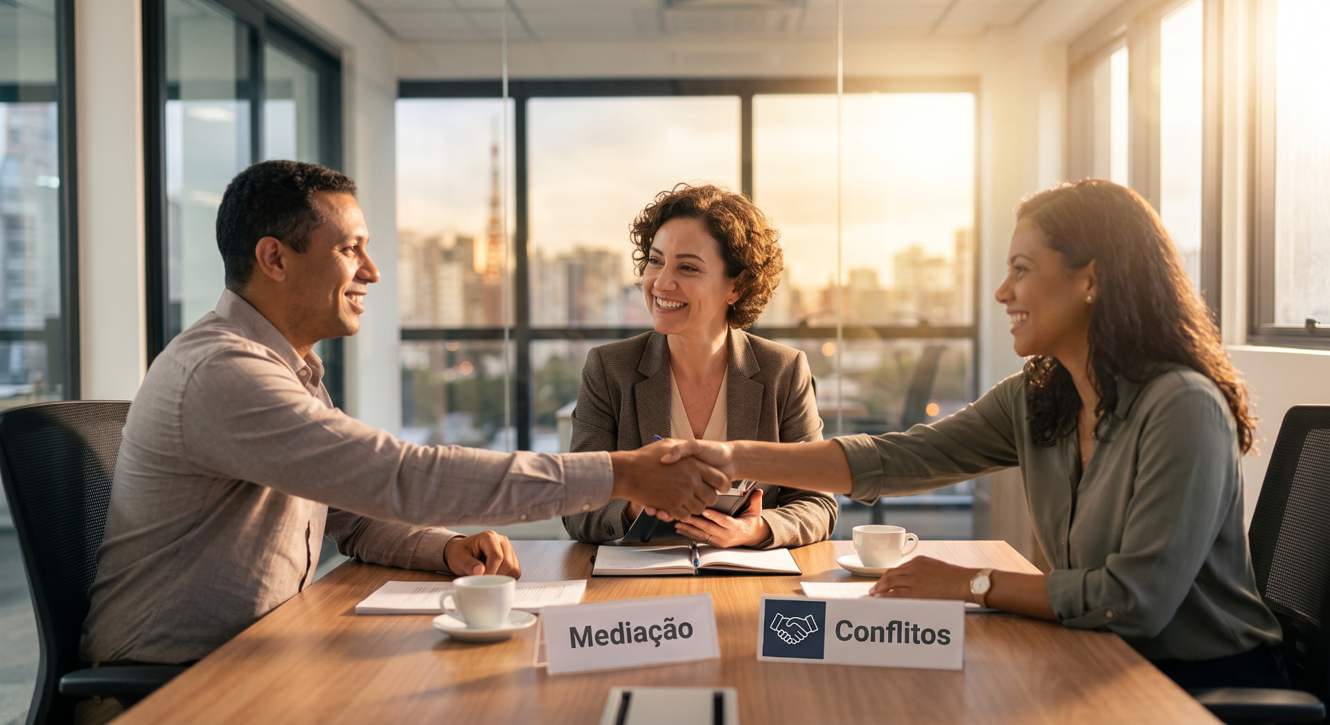 Mediadora conduzindo uma sessão de diálogo entre duas pessoas em uma mesa de reunião, com placas identificando mediação e conflitos.