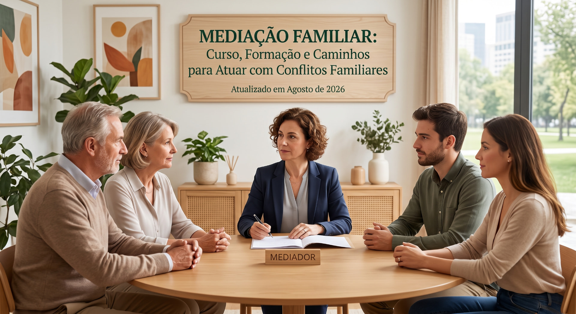 Mediadora conduzindo uma sessão de mediação familiar com quatro pessoas ao redor de uma mesa redonda, com placa identificando o mediador.